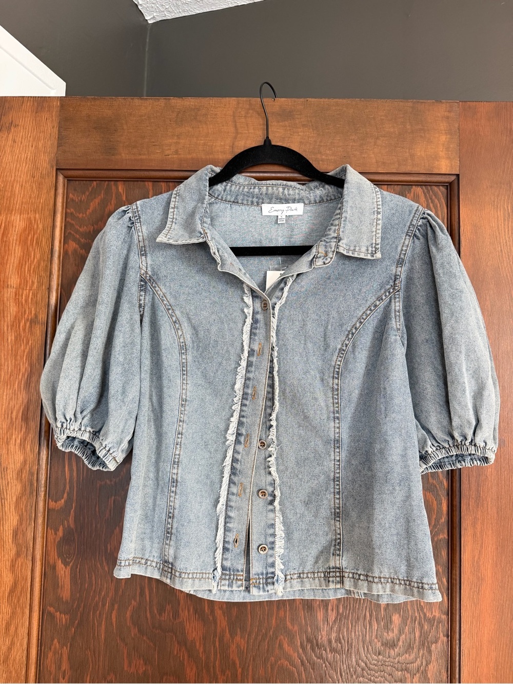 Emory Park Denim Puff Sleeve Jacket in Blue Size Large NWT